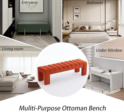 AIITTCC Velvet End of Bed Bench Upholstered Modern 59" Bedroom Bench for King Bed Bench Tufted Window Bench Comfy Long Ottoman for Living Room/Entry/Indoor (Orange, 59" Wide)