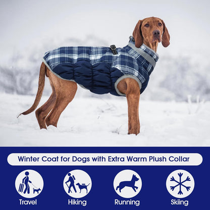 FUAMEY Dog Coat for Large Dogs,Waterproof Dog Winter Jacket with Harness Built in Puppy Cold Weather Coats Reflective Pet Vest with Zipper Warm Fleece Dogs Snowsuit Windproof Blue Plaid XL