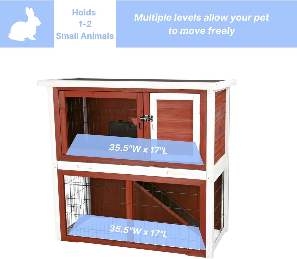 TRIXIE natura Outdoor Rabbit Hutch with Run - 2-Story Rabbit Cage with Non-Slip Ramp - Medium Elevated Small Animal House with Secure Playpen, Hinged Roof & Pull-Out Tray - in Auburn/White