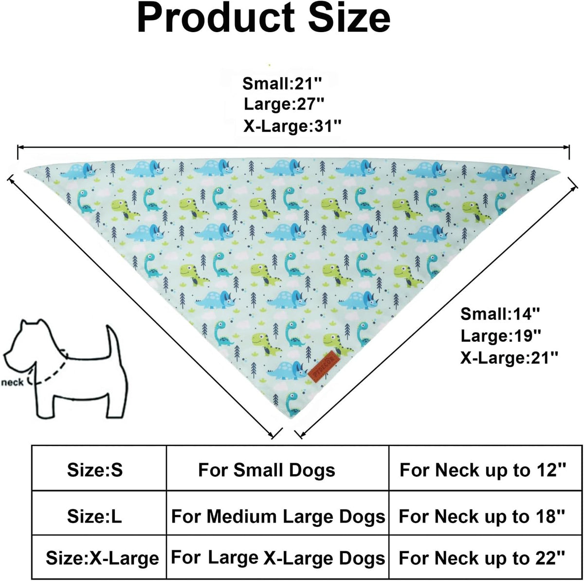 PTDECOR Dinosaurs Dog Bandana, Dinosaurs Design Reversible Pet Scarf Bib, Premium Durable Fabric, Adjustable White Green Bandanas for X-Large Dogs Pets (X-Large)