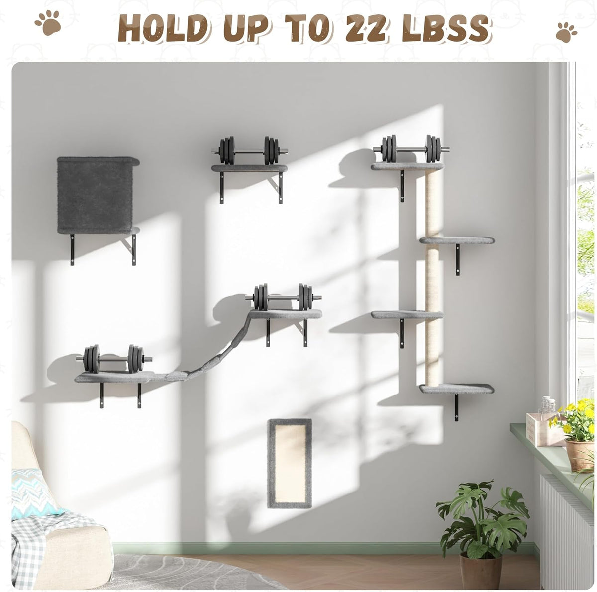COZIWOW Wall Mounted Cat Furniture, Cat Wall Shelves and Perches, Floating Cat Shelves for Wall Set of 5 (Grey)