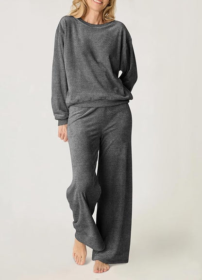 Aamikast Women's 2-Piece Lounge Set Soft Brushed Jersey Sleepwear Pajamas Set Long Sleeve Top & Wide Leg Pants