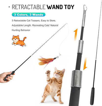 Retractable Cat Teaser Wand, 3 PCS Fishing Pole Cat Toys with 18 Feather Toy Refills, Interactive Cat Toys for Indoor Cats Play & Exercise