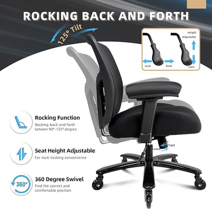 Big and Tall Office Chair 500lbs - Ergonomic Mesh Desk Chair, Heavy Duty Computer Chair-Wide Thick Seat Cushion, Adjustable Lumbar Support, Metal Base, Rubber Wheels, 4D Armrests, Black