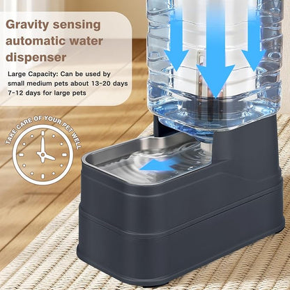 1.6 Gallon Pet Automatic Dog Water Dispenser Cat Gravity Waterer Feeder with Stainless Steel Bowl 8L Large Capacity Puppy Feeding Raised Bowls with Filter,Ice Pack (Charcoal Gray, 6L(1.6 Gallon))