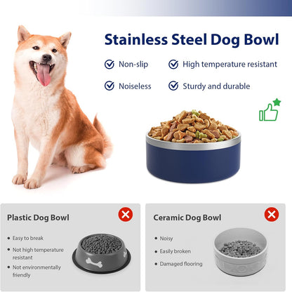 Stainless Steel Dog Bowl, Metal Water and Food Dish for Large Dogs, Insulated Non-Slip Pet Bowl, Easy Clean, 40oz, Blue