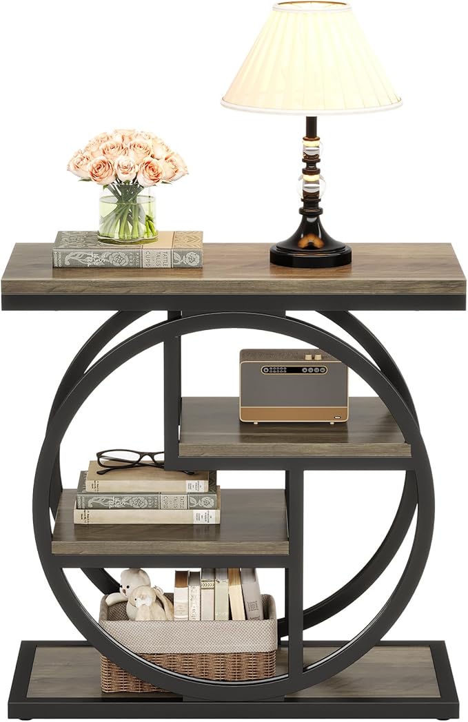 Tribesigns End Table for Living Room, 4-Tier Narrow Side Table with Storage Shelves, Industrial Bedside Table for Bedroom, Wood Small Sofa Side Table with Geometric Metal Frame (1 PC, Grey)