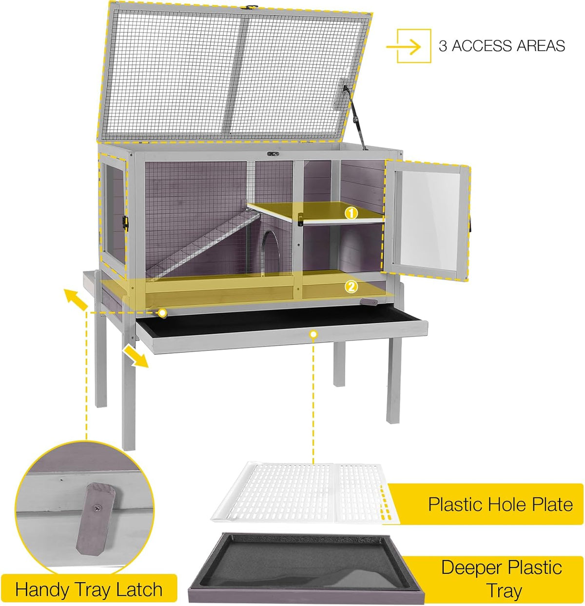 Aivituvin Wooden Guinea Pig Cages Indoor with Removable Stand, Anti Chewing Rabbit Hutch with Ramp and Wire Mesh, 2 Story Small Animals House Habitat with Pull Out Tray (Gray&Purple)