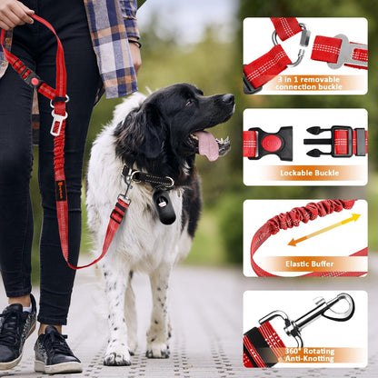 Removable Dog Seat Belt Harness for Car, 3 in 1 Pet Dog Car Seatbelt Leash, Retractable Restraint Secures to Vehicle Headrest & Adjustable Reflective Bungee Dog Seatbelt Tether, Red