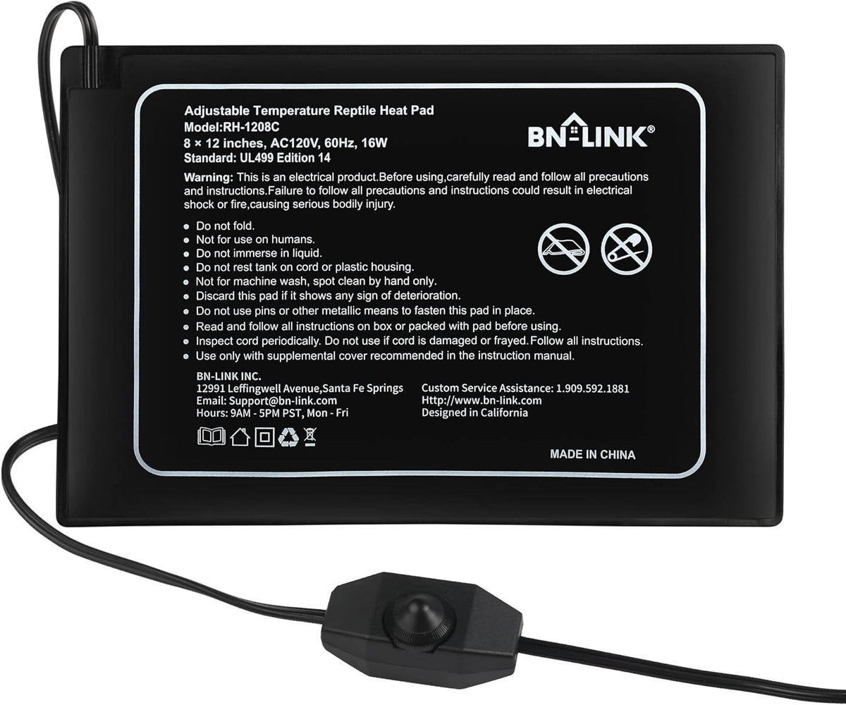 BN-LINK Reptile Heating Pad 8" X 12" with Adjust Knob, Adjustable Temperature Electric Indoor Under Tank Terrarium Heating Mat Waterproof for Turtles, Lizards, Frogs, and Other Reptiles