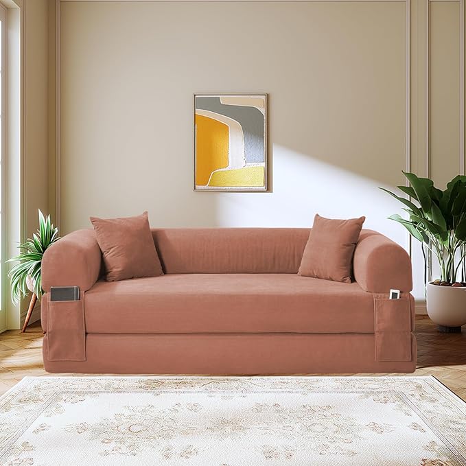 Convertible Folding Sofa Bed,80" Pull Out Couch with Pillows & Storage Pocket,Modular Futon Bed Corduroy Queen Sleeper Sofa in a Box,Compression Boneless Couch for Living Room,Pink