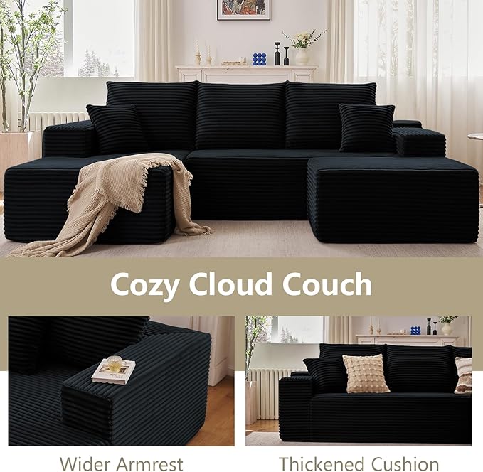 107" L-Shape Sofa with Ottoman, Modern Modular Sectional Comfy U-Shape Cloud Couch, Deep Seat, Upholstered Corduroy Sleeper Chaise Longue for Living Room Bedroom, No Assembly Required, Black