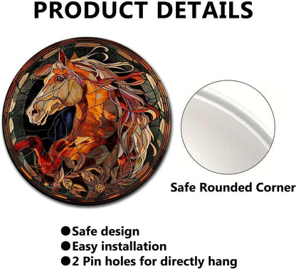 Lygond Metal Sign Tin Sign Circular Stained Glass Horse Metal Signs Vintage for Restaurant 12×12 Inches