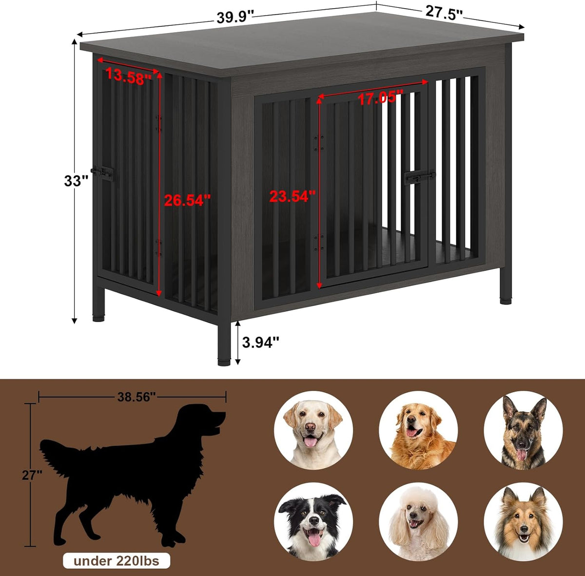 EasyCom 39.96" XL Wooden Large Dog Crate Furniture for Medium and Large Breed, Chew-Resistant Dog Kennel Furniture Indoor with 2 Doors and 3.94" Raised Feet, as TV Stand, End Table, Crate Table