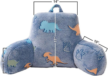 Holawakaka Glow in The Dark Reading Pillow for Sitting up in Bed Sofa Kids Teens, Luminous Dinosaurs Backrest Pillow with Arms, Boys Girls Back Support Cushion for Couch Floor Nursery Playroom