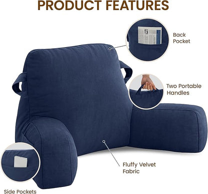 Unisakey Portable Comfy Reading Pillows for Bed Sitting Up(Royal Blue Oeko-Tex), Velvet Back Pillow with Arms & Pockets for Adults, Support Memory Foam Bed Pillow for Dorm/Reading/Watching/Gaming