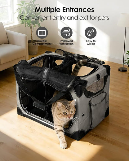 Extra Large 2-Cat Foldable Pet Travel Carrier,24"x17"x17",Gray | Removable Divider, Metal Frame Support, Breathable Mesh Panels, With Storage Tote & Padded Straps