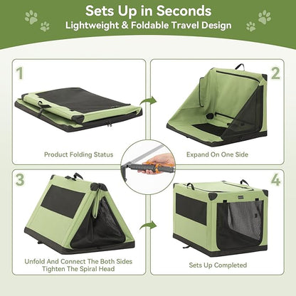 PETSFIT 36" Soft Portable Dog Crate – Patented Spiral Sturdy Frame, Collapsible Travel Kennel for Medium & Large Dogs, 3 Mesh Door, Lockable Zippers, Indoor & Car Use Green