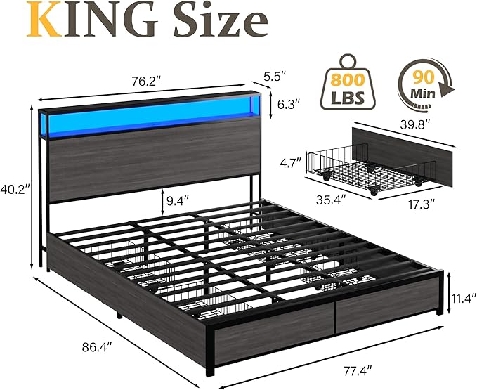 Lifezone King Bed Frame with 2-Tier Storage Headboard, Metal Platform Bed Frame with 4 Storage Drawers, Built in Charging Station & LED, Noise-Free/Metal Support/No Box Spring Needed, Rustic Grey