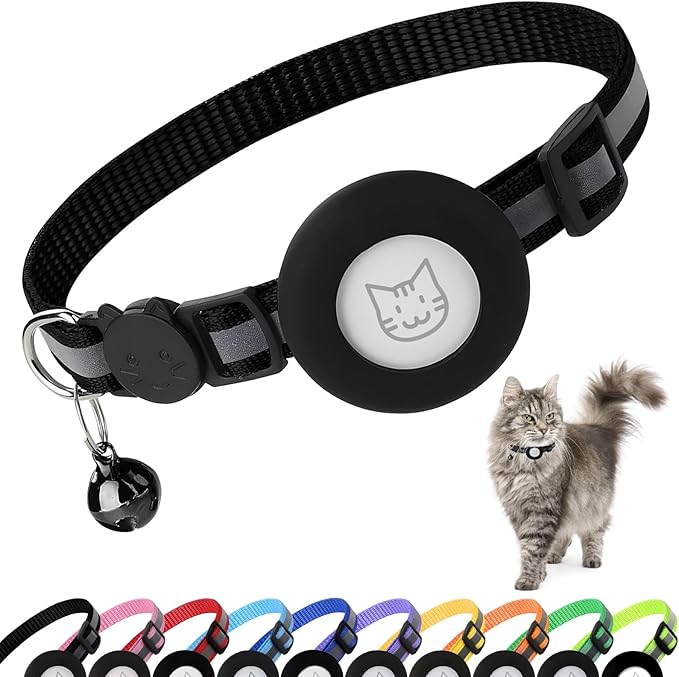 Airtag Cat Collar with Bell, Reflective Nylon Kitten Collar with Apple Air Tag Holder and Breakaway Safety Buckle for Puppy Girl Boy Cats, 3/8" in Width and Lightweight, Black