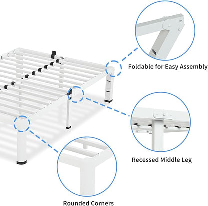 18 Inch King Size White Bed Frame, 3500Lbs Heavy Duty Metal Platform with Round Corner Legs Mattress Slide Stopper, Steel Slat Support No Box Spring Needed, Noise Free, Non-Slip, Easy Assembly