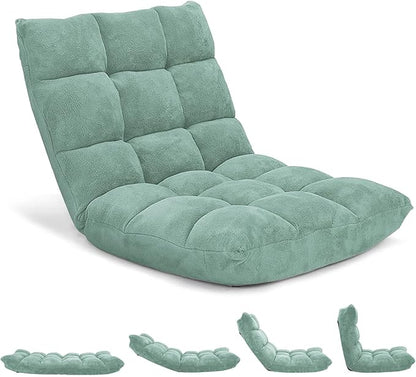 DREAMADE Folding Floor Chair w/Back Support, 14-Position Adjustable Lazy Sofa Chair w/Coral Velvet Fabric & Alloy Steel Frame, Portable Meditation Chair for Reading, Gaming,Sleeping (Green)