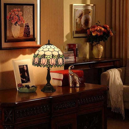 Tiffany Table Lamp,Pink Tulip Stained Glass Table Lamps for Bedroom Bedside 3 Color Temperatures Nightstand Lamp, for Living Room,Dining Room,W/LED Bulb, Mothers Gifts,12X12X19Inch