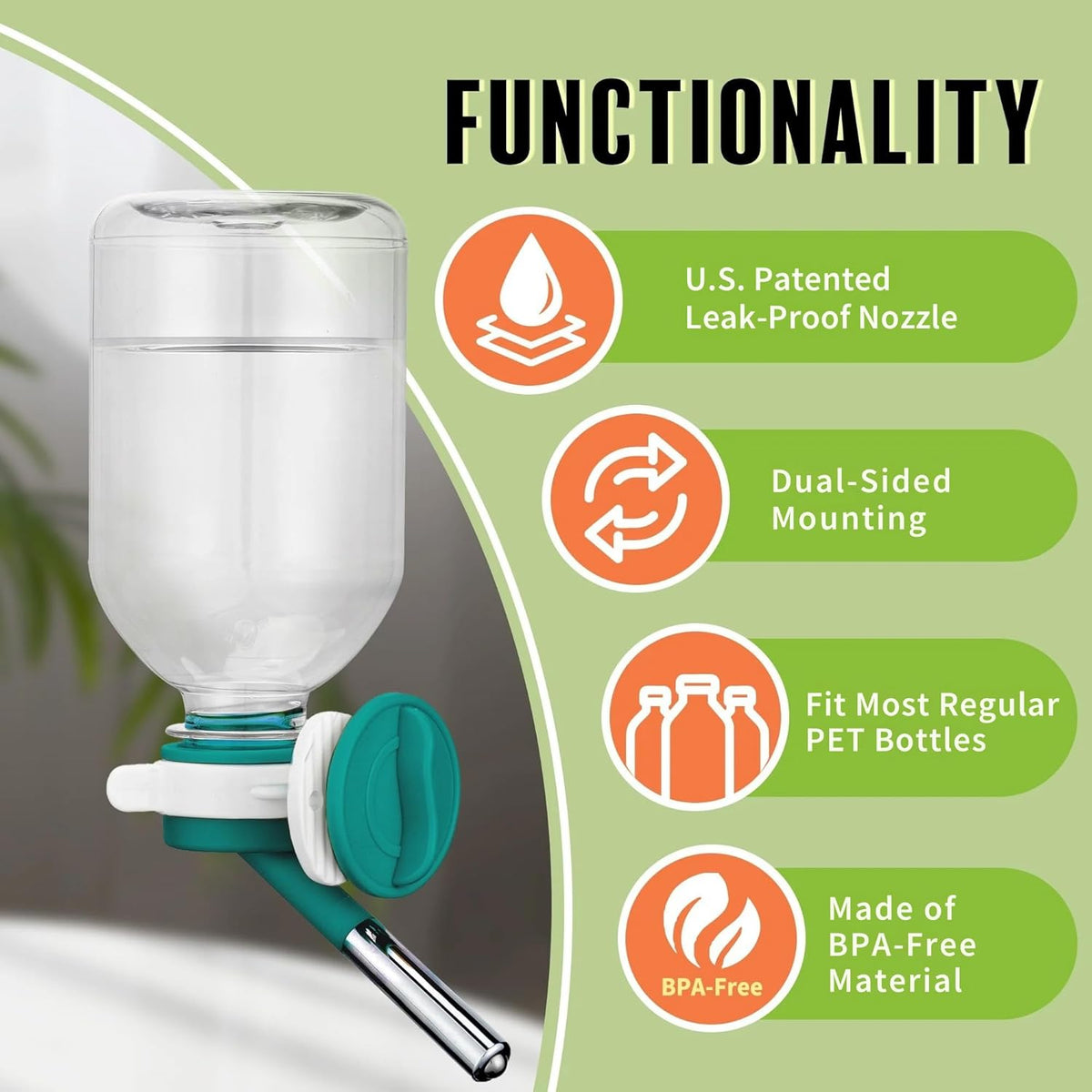 Choco Nose Patented No-Drip Water Bottle/Feeder for Guinea Pigs/Hamsters/Bunnies/Ferrets/Other Small Pets, Critters and Animals - for Cages, Crates or Wall Mount. 10.2oz. Nozzle 10mm, Green (C128)