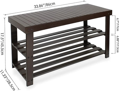SMIBUY Sturdy Bamboo Shoe Rack Bench, 3-Tier Shoe Organizer, Storage Shelf for Entryway Hallway Bathroom Living Room (Dark Brown)
