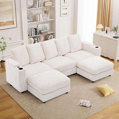 110" W x 60" D U Shape Sectional Sofa with USB Charging & Cup Holder & Storage, 5 Seater Plush Corduroy Couches with Movable Ottoman, Cloud Couch Sofas for Living Room, DIY Combination - Beige White