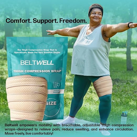 Beltwell® Adjustable Thigh Compression Wrap for Swollen Legs, Lymphedema, Varicose Veins, Lipedema, Edema, Circulation, Heaviness, Post-Surgery & Blood Clots – Muscle Recovery, Pain Relief, Circulation & Mobility – Support for Men & Women