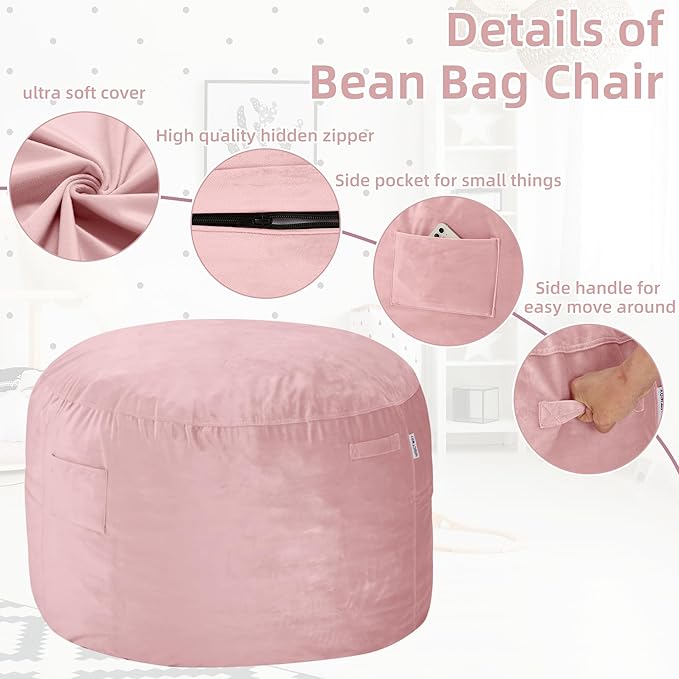 HABUTWAY Bean Bag Chair 3Ft Luxurious Velvet Ultra Soft Fur with High Rebound Memory Foam Bean Bag Chairs for Adults Plush Lazy Sofa with Fluffy Sponge 3' (Pink)
