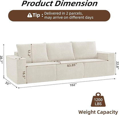 102” Boneless Modular Couch, 3 Seater Cloud Sofa for Living Room, Modern Sectional Sofa with Deep Seat, Comfy Fluffy Loveseat Couch, No Assembly Required, Beige