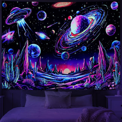 Tushelia Blacklight Galaxy Space Tapestry Neon Planet UFO Tapestries UV Reactive Cactus Mountain Wall Decor Black Light Starry Night Sky Tapestry Wall Hanging for Bedroom