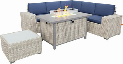Broivira 7 Piece Patio Furniture Set with 50,000 BTU Rattan Fire Pit Table That Converts to Coffee Table, 9.8" Wide Arm Sectional Sofa with Storage Armrests, Outdoor Rattan Conversation Set, Blue