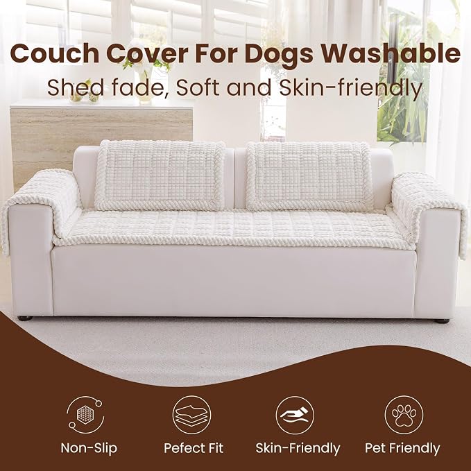 Couch Cover for Dogs Washable, Non Slip Couch Covers for 3 Cushion Sofa Pet Friendly, Fuzzy Pet Couch Cushion Covers for Dog, Thick, Soft for Sofa Protector (White, 27.6" x 70.9"/70 x 180cm)