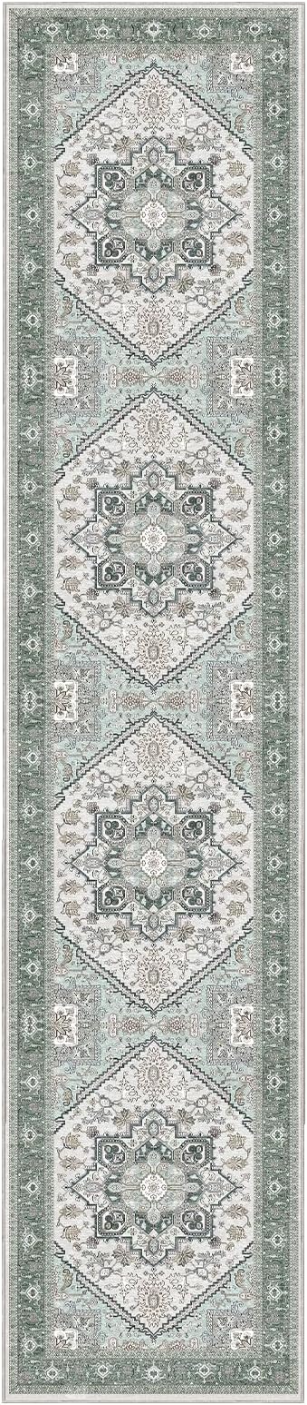 OPPODREAM Thin Entryway Rug 2x10, 2x10 Rug Runner, Washable Hallways Carpet 2 x 10 with Non Slip Backing, Low-Pile Bedside Carpet 2 x 10, Long, Faux Cashmere, Green