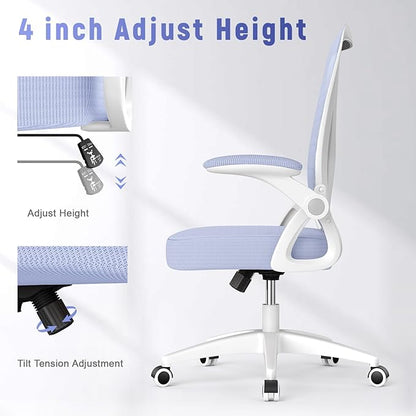 naspaluro Ergonomic Office Chair, Mid Back Desk Chair with Adjustable Height, Flip-Up Arms and Lumbar Support, Breathable Mesh Swivel Computer Chair for Home Study Working/Light Purple