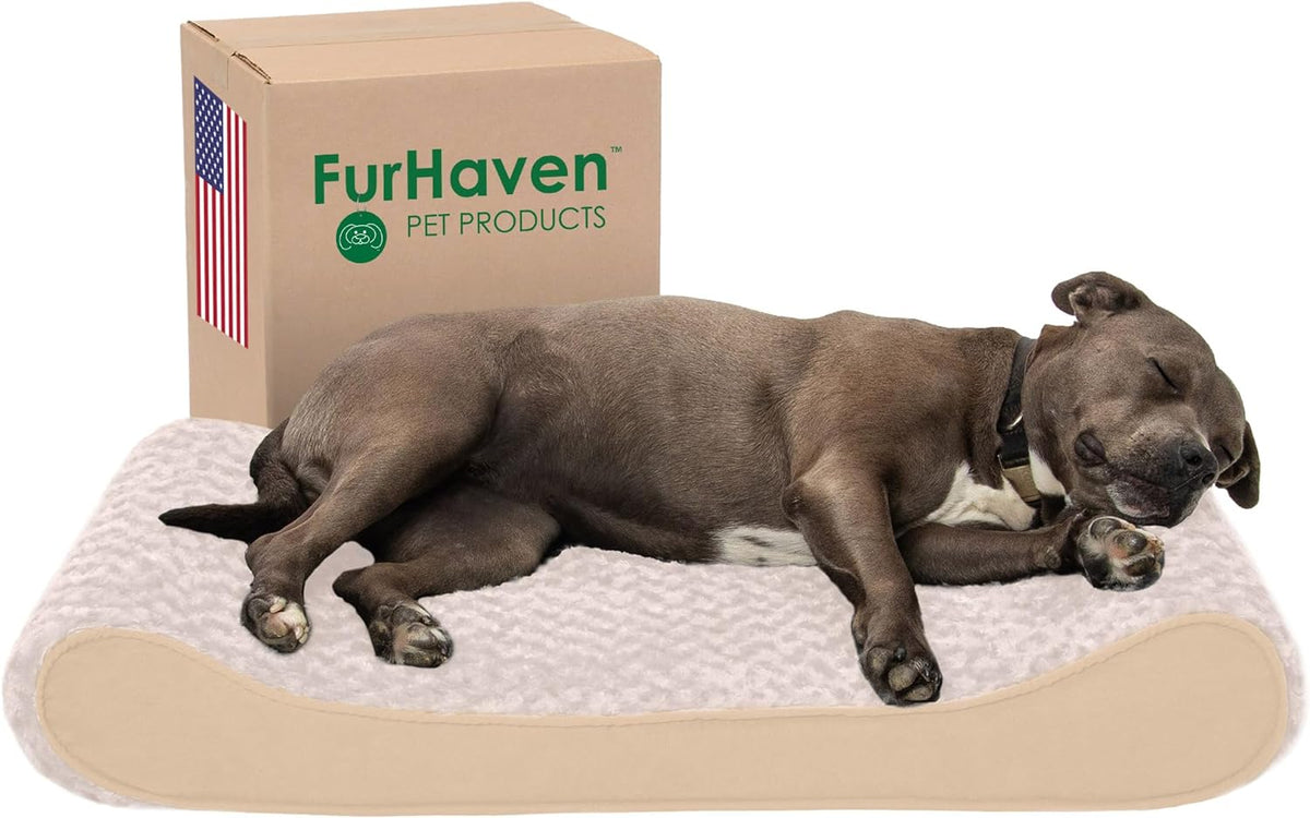 Furhaven Orthopedic Dog Bed for Large/Medium Dogs w/ Removable Washable Cover, For Dogs Up to 38 lbs - Ultra Plush Faux Fur & Suede Luxe Lounger Contour Mattress - Cream, Large