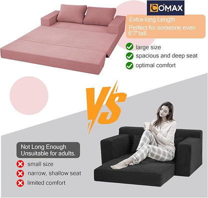 COMAX Convertible Sofa Bed Queen, Corduroy Folding Floor Couch Pull Out Couch Bed Futon Sleeper with Pillows, Fold Out Boneless Sofa Comfy Lounge Mattress Loveseat for Living Room Bedroom, Pink