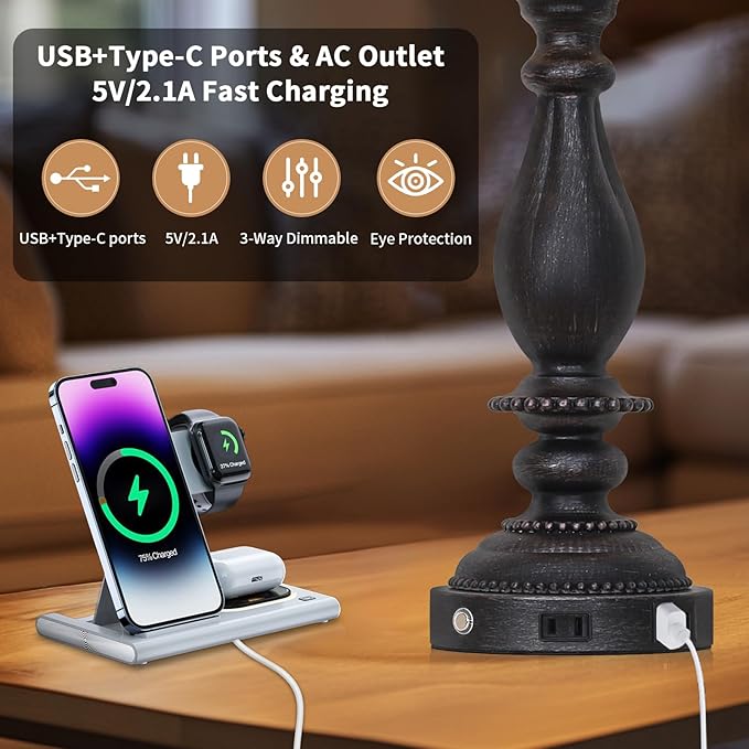 28" Tall Farmhouse Table Lamps for Living Room Set of 2,Vintage Rustic Black Bedside Touch Lamp with USB C+A Ports & AC Outlet, 3-Way Dimmable Resin Nightstand Lamp for Bedroom Entryway Office