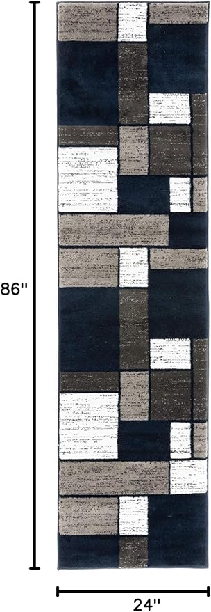 Rugshop Modern Geometric Boxes Navy Area Rug, Carpet with Jute Backing for Hallway, Entryway, or Laundry Room, 2' x 7'2"