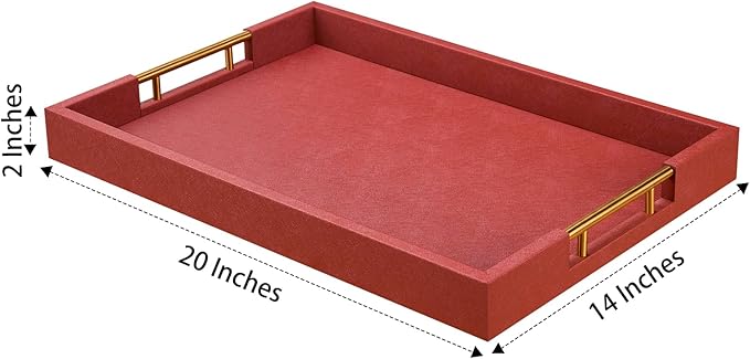 14x20 Inches Brown Faux Leather Wrapped Wood Serving Tray with Metal Handles for Various Occasions, Ottoman, Home Decor Decorative, Living Room, Coffee Table Organizer, Serving Breakfast On Bed