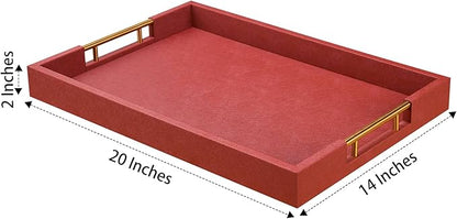 14x20 Inches Brown Faux Leather Wrapped Wood Serving Tray with Metal Handles for Various Occasions, Ottoman, Home Decor Decorative, Living Room, Coffee Table Organizer, Serving Breakfast On Bed