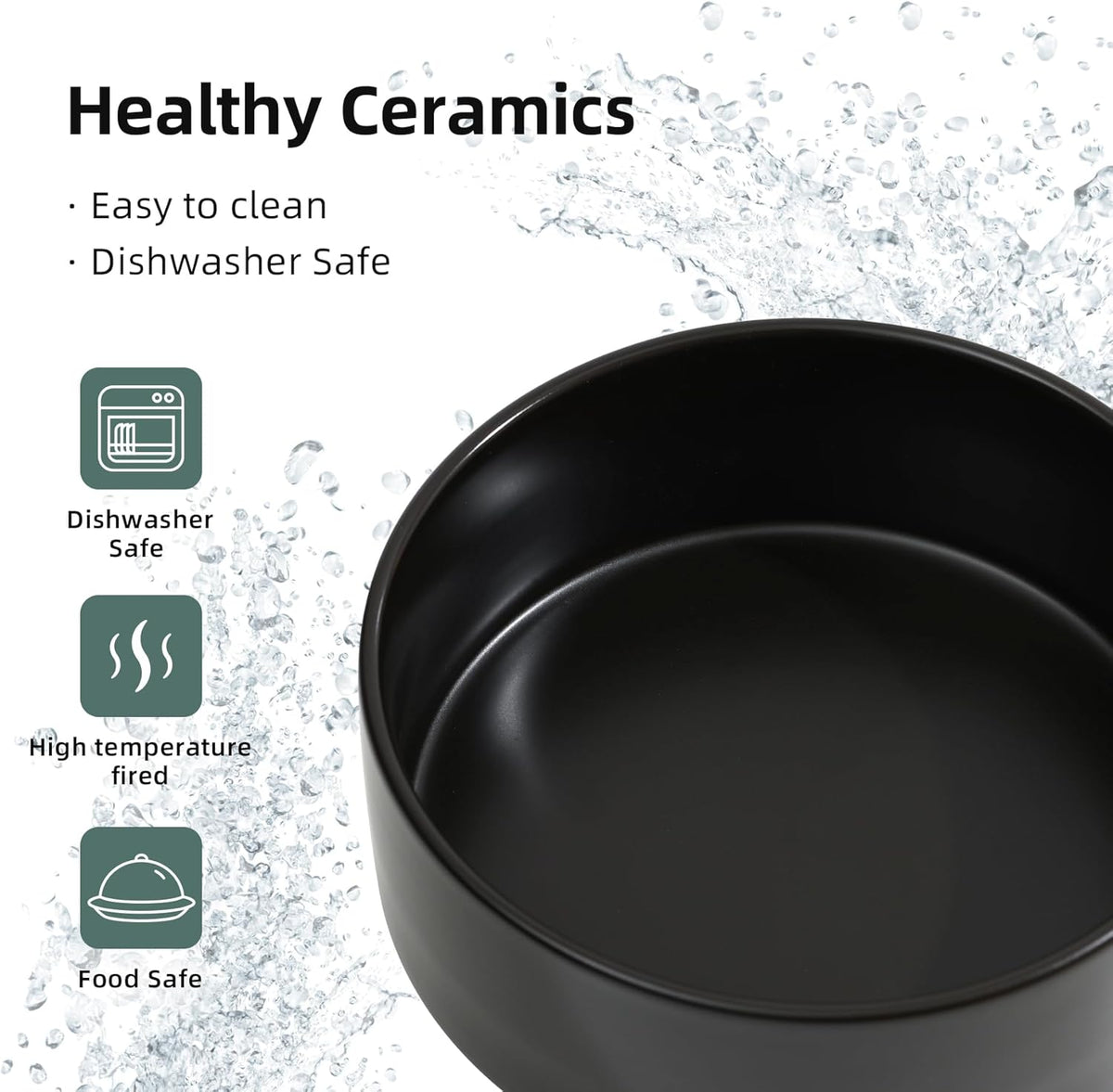 Ceramic 5.1inch Set of 2 Dog and Cat Bowls, Food and Water Feeder for Small Breed Dogs, Kitty, Cats, 2pcs Dog & Cat Dishes(2 Bowls, Black)