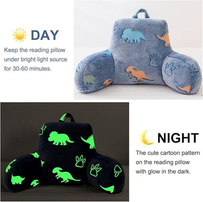 Holawakaka Glow in The Dark Reading Pillow for Sitting up in Bed Sofa Kids Teens, Luminous Dinosaurs Backrest Pillow with Arms, Boys Girls Back Support Cushion for Couch Floor Nursery Playroom