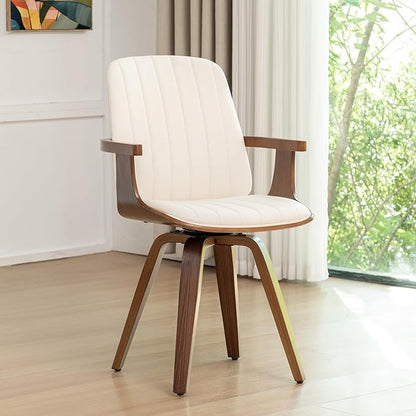 WUPOTO Set of 1 Swivel Dining Chair, Mid Century Modern Dining Chair with Walnut Craftsmanship, Upholstered Faux Leather, Wooden Arms and Legs, Kitchen Chair with Arms for Kitchen/Living Room - Beige