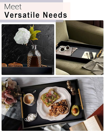 22 Inch Rectangle Black Ottoman Tray with Gold Metal Handles, Extra Large Wooden Serving Tray for Living Room, Coffee Table, Kitchen & Hosting