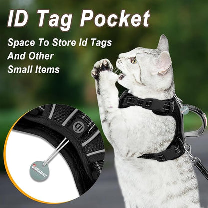 Cat Harness and Leash Set for Walking Escape Proof for Small Large cat Kitten Harness with ID tag Pocket (Black,S)