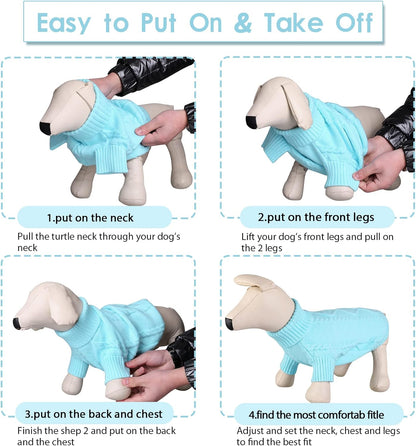 Queenmore Small Dog Pullover Sweater, Cold Weather Cable Knitwear, Classic Turtleneck Thick Warm Clothes for Chihuahua, Bulldog, Dachshund, Pug (Sky Blue, Small)